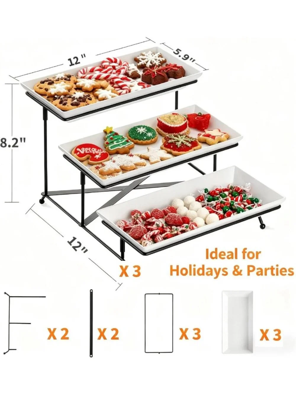 3-Tier White Plastic Serving Tray with Collapsible Metal Stand - Perfect for